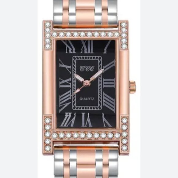 Accessories - Ladies 2 tone (rose gold/silver quartz watch with a black dial & Roman numerals